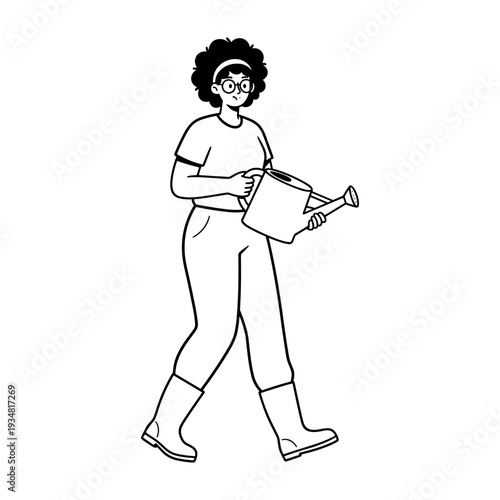Hand drawn style illustration of a person walking with a watering can for gardening