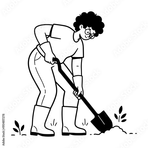 Hand Drawn Style Illustration of a Person Gardening and Digging Soil with a Shovel