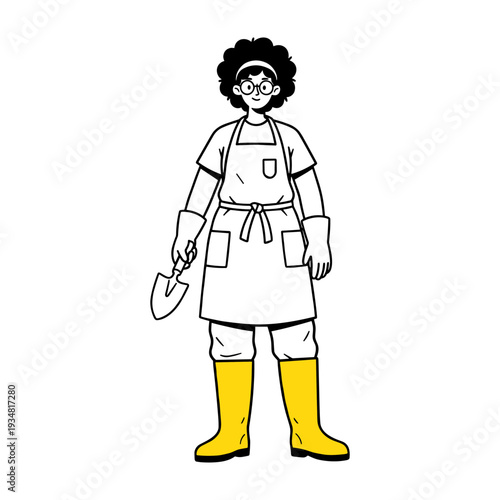 Hand drawn style illustration of a woman gardener with tools and yellow boots.