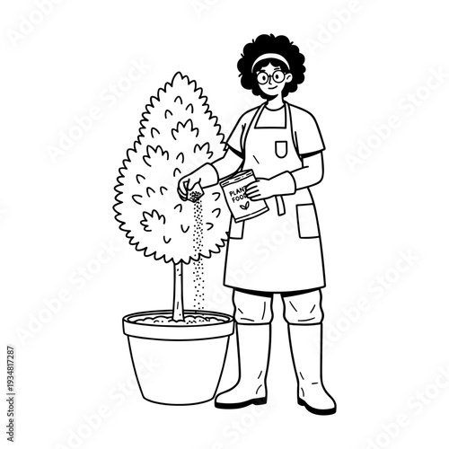Hand drawn illustration of woman gardener fertilizing potted plant with plant food