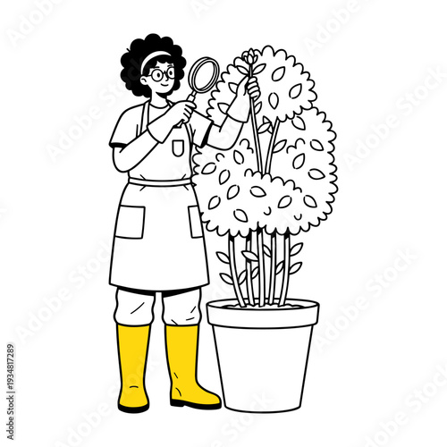 Hand drawn style illustration of woman gardening, inspecting potted plant with magnifying glass