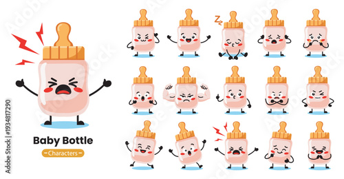 Cute Baby Bottle Character Set with Various Emotions and Poses