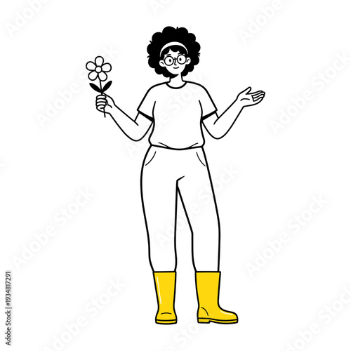 Smiling Woman in Yellow Rain Boots Holding a Flower, Hand Drawn Illustration
