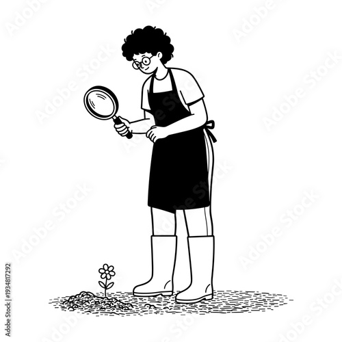 Hand drawn doodle illustration of gardener with magnifying glass observing a growing flower