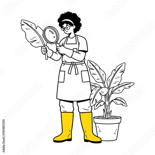 Hand drawn illustration of gardener carefully inspecting plant leaf with magnifying glass, plant care