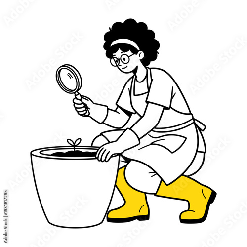 Hand drawn illustration of gardener observing plant sprout in pot with magnifying glass