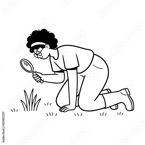 Hand drawn illustration of curious person observing grass with magnifying glass outdoor