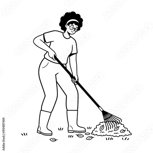 Hand drawn illustration of a woman raking autumn leaves in a garden, performing yard work.