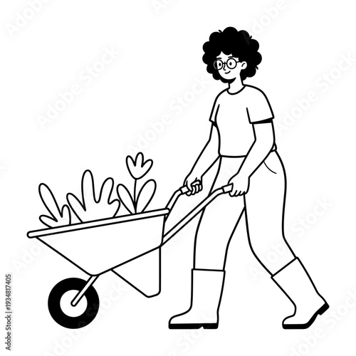 Hand drawn style illustration of a smiling person pushing a wheelbarrow with plants