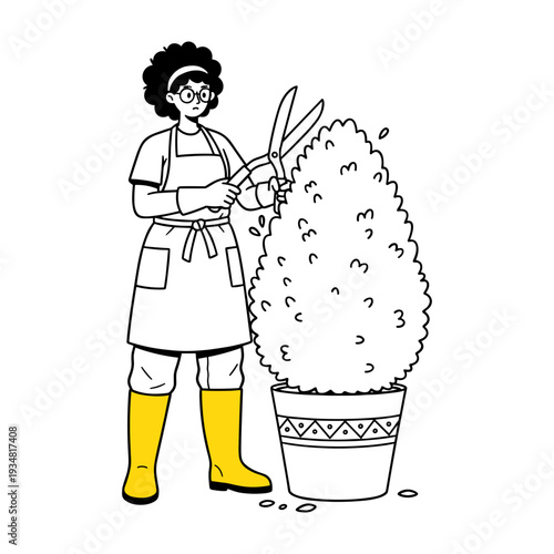 Hand drawn style illustration of a woman gardener trimming a potted plant bush.