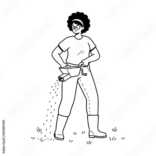 Doodle illustration of a gardener scattering fertilizer or planting seeds in a field.