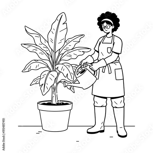Hand Drawn Doodle Illustration of Person Watering a Potted Houseplant