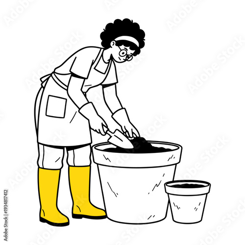 Hand drawn illustration of a gardener potting plants with soil and trowel