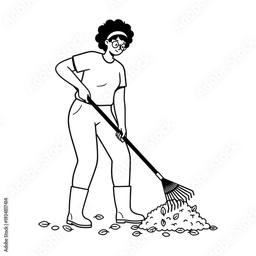 Hand drawn illustration of a woman raking autumn leaves in the garden.