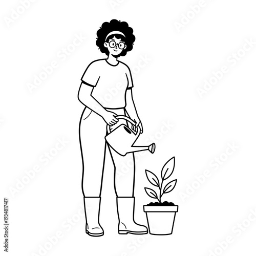 Hand drawn illustration of a woman in rubber boots watering a potted plant for gardening.