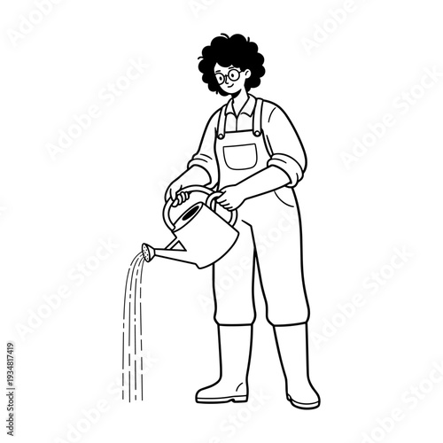 Hand drawn illustration of a gardener watering plants with a watering can