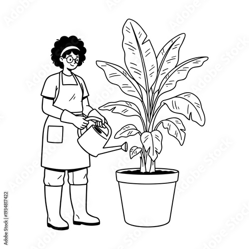 Hand drawn illustration of a person with a watering can caring for a potted banana plant