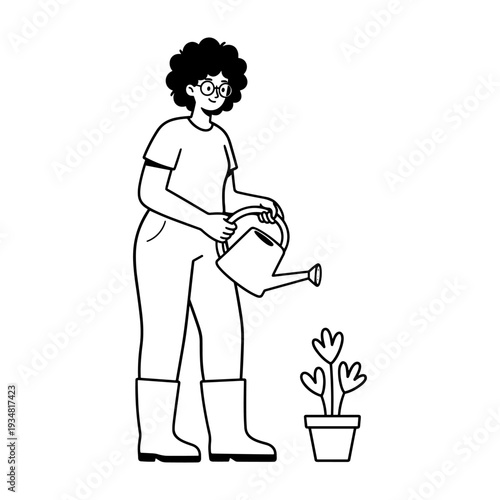 Hand drawn illustration of a person watering a small potted plant in boots.
