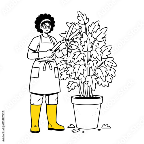 Hand drawn illustration of a woman gardener pruning a large potted plant with shears.