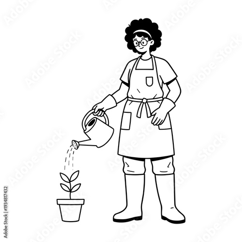 Doodle style illustration of a gardener person in apron and gloves watering a houseplant.