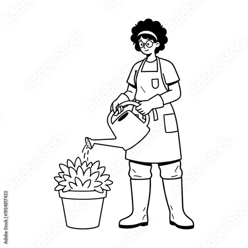 Doodle style illustration of a happy person in gardening attire watering a plant