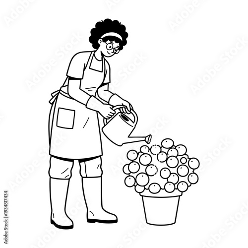 Doodle style illustration of a woman gardener watering a potted plant with berries.