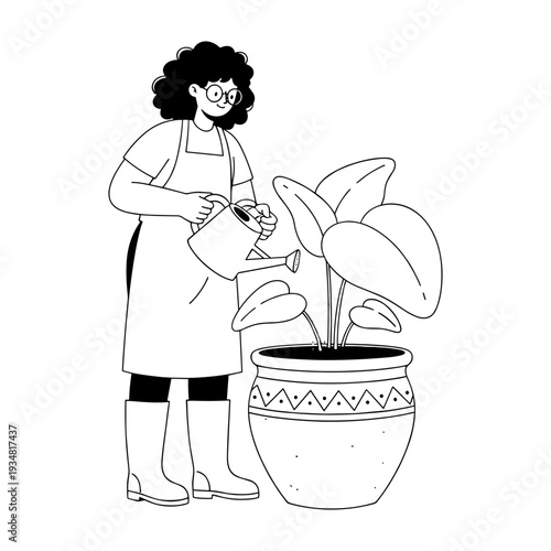 Hand drawn style illustration of a person watering a houseplant with a watering can
