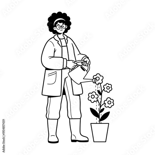 Curly-haired person in gardening attire watering a potted flower, hand drawn style vector illustration.