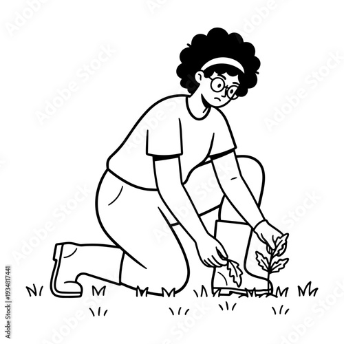 Hand drawn illustration of a person kneeling and planting a small sprout in the garden.