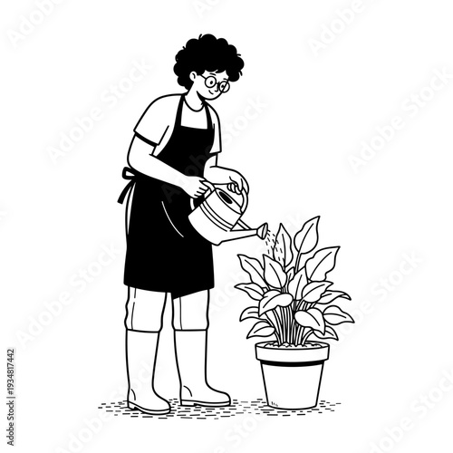 Hand drawn illustration of a person in an apron watering a potted houseplant.