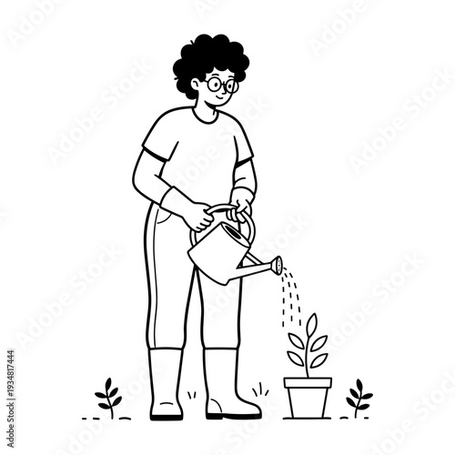 Hand drawn style illustration of a person watering a potted plant outdoors