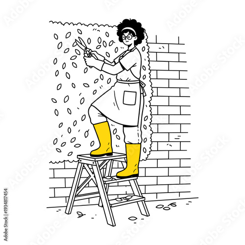 Hand drawn illustration of gardener trimming hedge on step stool with yellow boots.