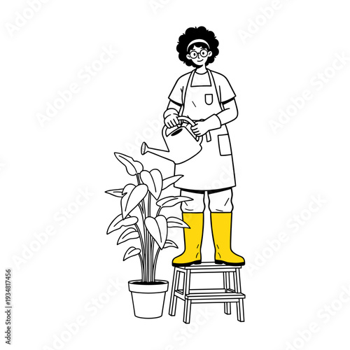 Hand drawn illustration of a gardener watering an indoor plant in yellow boots