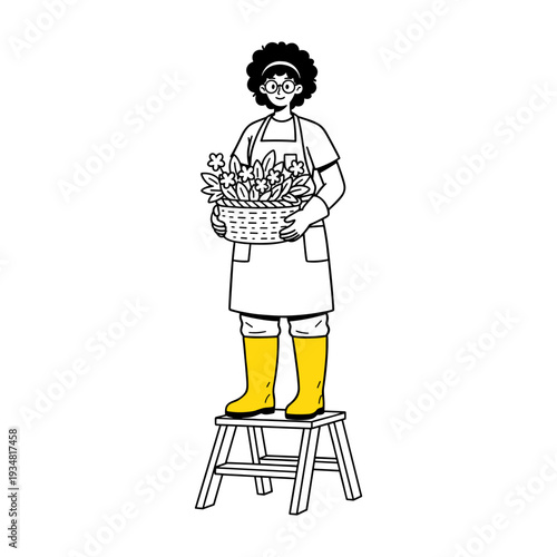 Doodle illustration of a woman gardener holding a flower basket on a step stool.
