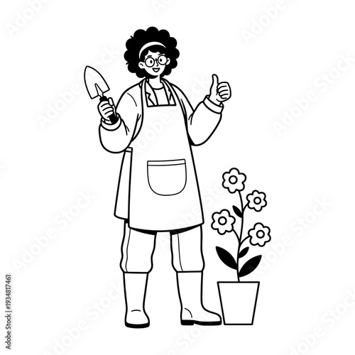 Cheerful hand drawn illustration of gardener woman holding shovel and showing thumbs up