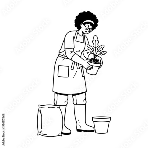 Hand drawn illustration of a woman with apron and gloves, planting a seedling.