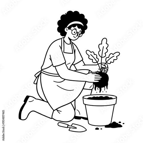Doodle illustration of a woman gardening, repotting a plant into a new pot.
