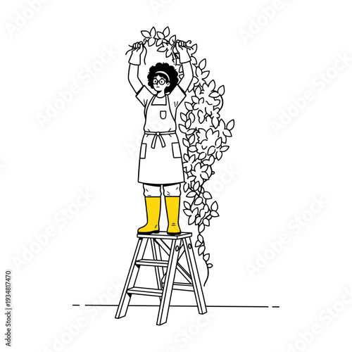 Hand drawn illustration of woman in yellow boots on ladder arranging climbing plants