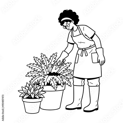 Hand drawn illustration of a woman gardener in an apron and gloves caring for potted plants