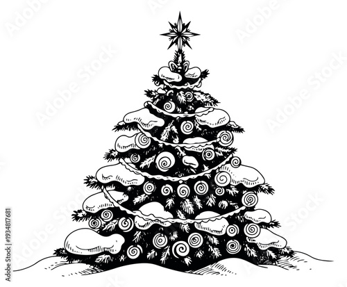 Hand drawn line art illustration of a Christmas tree depicting festive decorations and snow for winter holidays