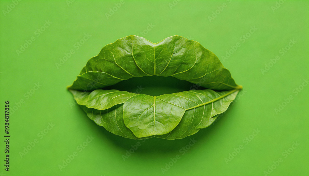 Obraz premium Creative conceptual art featuring lips formed from fresh green leaves on a matching green background