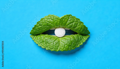Creative conceptual art featuring lips made of fresh green mint leaves with a white pill in the center on a bright blue background