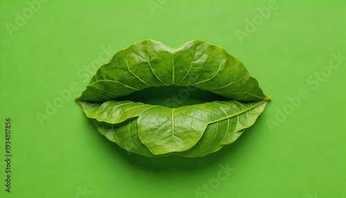 Creative conceptual art featuring lips formed from fresh green leaves on a matching green background