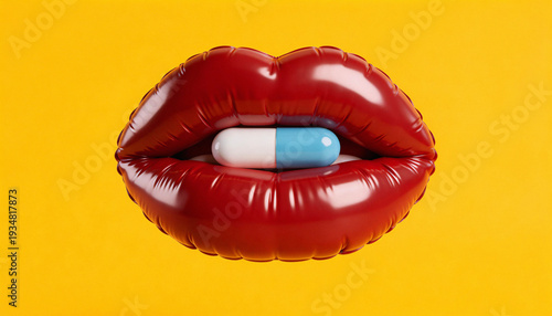 Creative conceptual photography of red inflatable lips holding a blue and white capsule against a bright yellow background