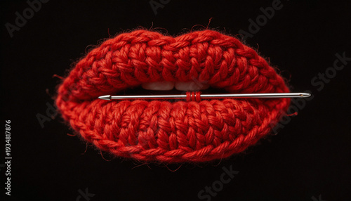 Creative conceptual art featuring bright red knitted lips with a metal knitting needle between them on a black background