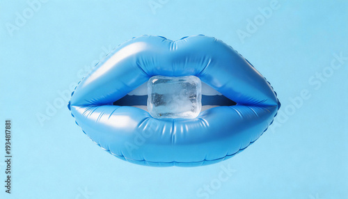 Creative conceptual photography of blue inflatable lips holding a clear ice cube against a matching blue background