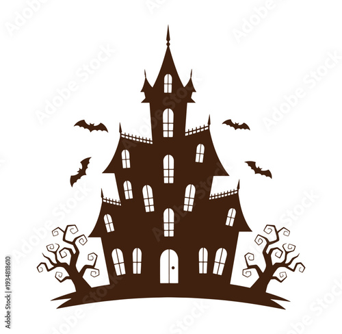Brown silhouette of a spooky haunted house with bats and trees on white background