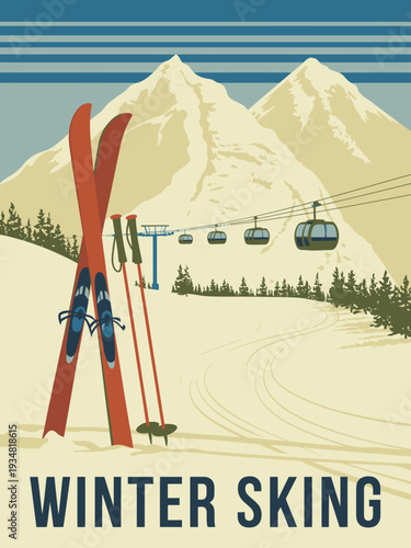 Winter Ski Landscape Poster, Snow Covered Mountains and Green Pine Forest Border Vintage Travel Artwork