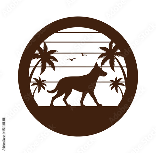 Brown silhouette of dog walking on beach with palm trees and birds flying overhead in circle frame