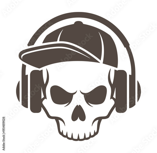 Brown skull wearing headphones and baseball cap on white background